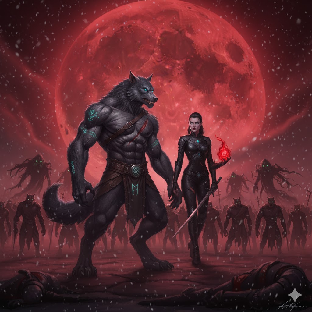 Lycan alpha and vampire elder under blood moon, uneasy alliance forming, their armies watching